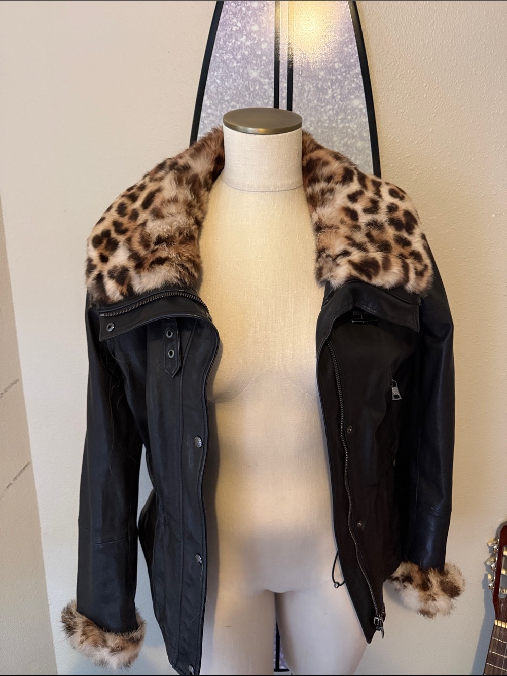 Andrew Marc Black Faux Leather Jacket with Leopard Faux-Fur Trim